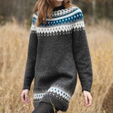 LUCIA™ long-sleeve midi knit pullover in dark gray with blue/white patterned yoke