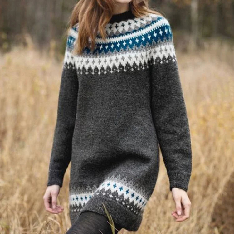 LUCIA™ long-sleeve midi knit pullover in dark gray with blue/white patterned yoke