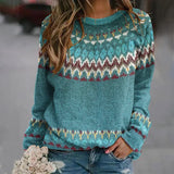 NICOLE™ retro knit pullover, teal with multicolor wave pattern, long sleeves