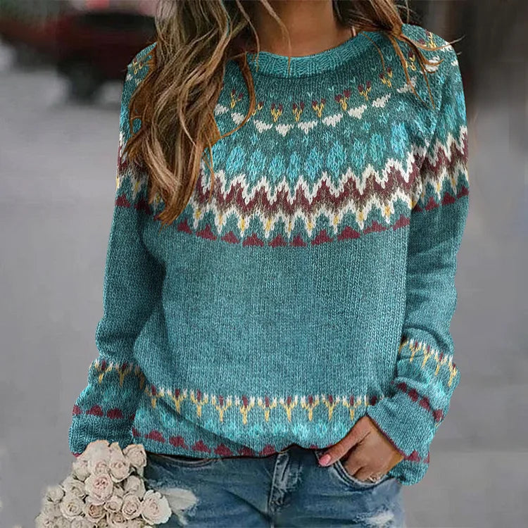 Teal knit pullover with fair isle yoke pattern, crew neck, long sleeves