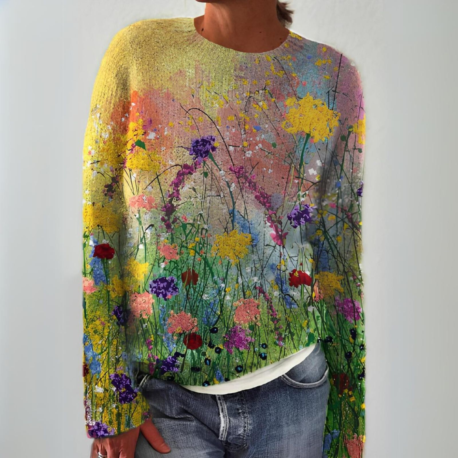 JADE™ floral art pullover sweater, multicolor long sleeves