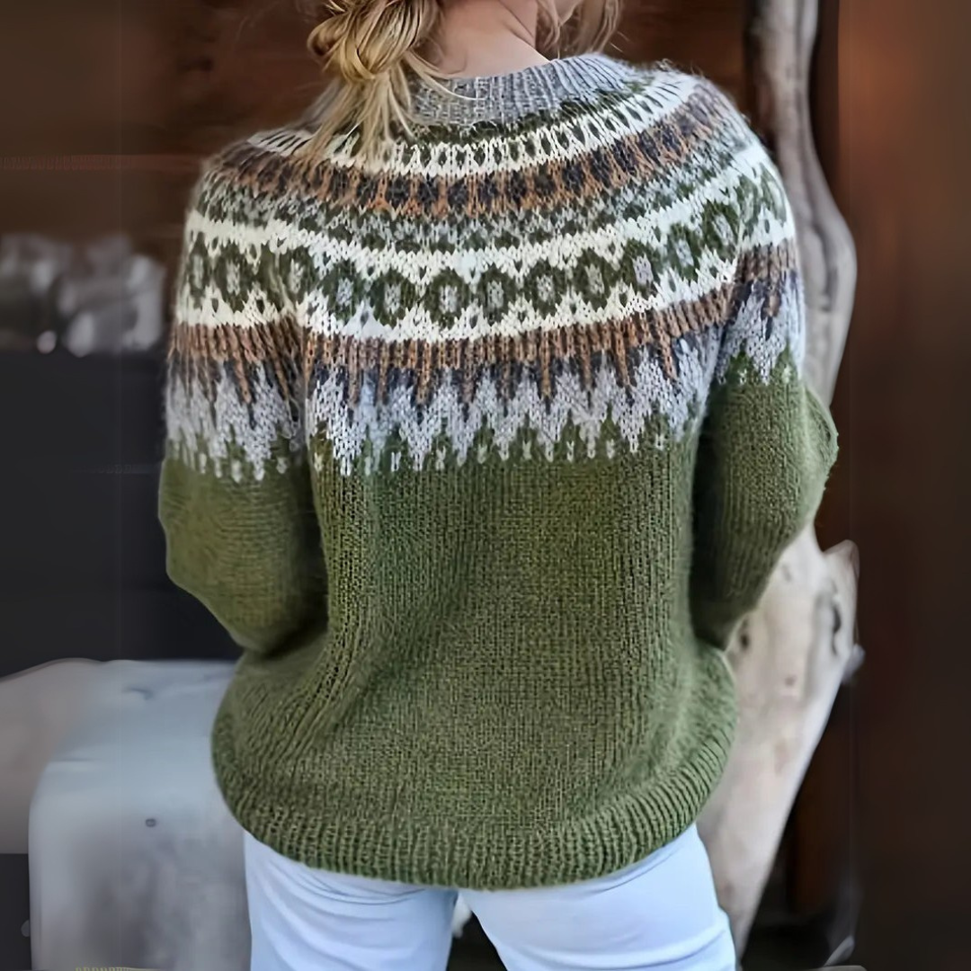 Green fair isle knit pullover with crew neck, long sleeves and ribbed hem