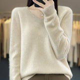 Soft knit pullover sweater in cream white, long sleeves, V-neckline