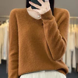 Soft knit sweater in camel brown, long sleeves, crew neckline