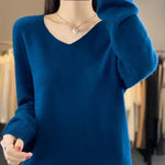 Soft knit sweater in deep blue, long sleeves, V-neckline