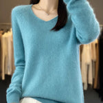 Soft knit sweater in light blue, long sleeves, V-neckline