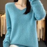 Soft knit sweater in light blue, long sleeves, V-neckline