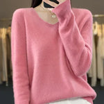 Soft knit pullover sweater in pink, long sleeves, V-neckline