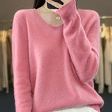 Soft knit pullover sweater in pink, long sleeves, V-neckline