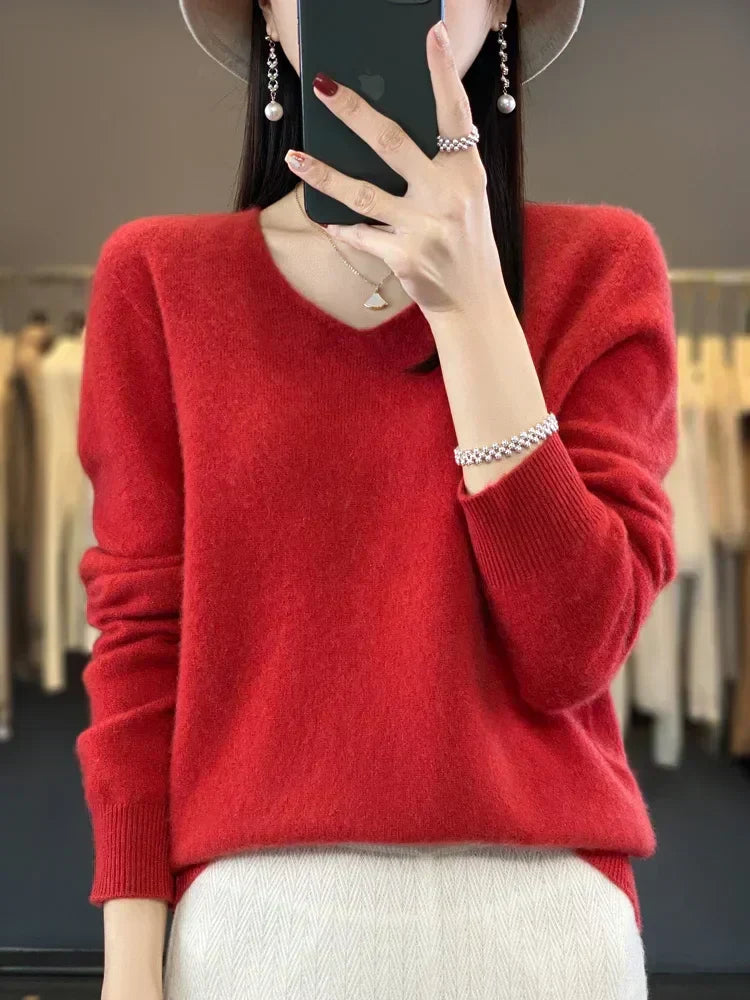 Soft knit pullover sweater in red, long sleeves, V-neckline