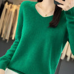 Soft knit pullover sweater in green, long sleeves, V-neckline