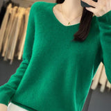 Soft knit pullover sweater in green, long sleeves, V-neckline