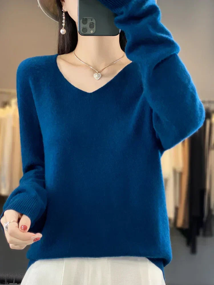 Soft knit pullover sweater in deep blue, long sleeves, V-neckline
