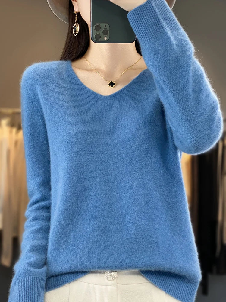Soft knit pullover sweater in light blue, long sleeves, V-neckline