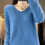Soft knit pullover sweater in light blue, long sleeves, V-neckline