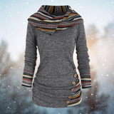 Gray tribal-print hoodie with hood up, patterned cuffs and button-trim pocket