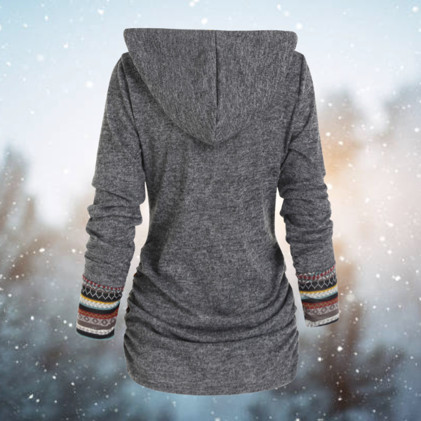 Dark gray tribal-print hoodie, back view, patterned cuffs and button-trim pocket