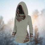 Sage green tribal-print hoodie with patterned cuffs and button-trim pocket