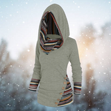 Sage green tribal-print hoodie with patterned cuffs and button-trim pocket