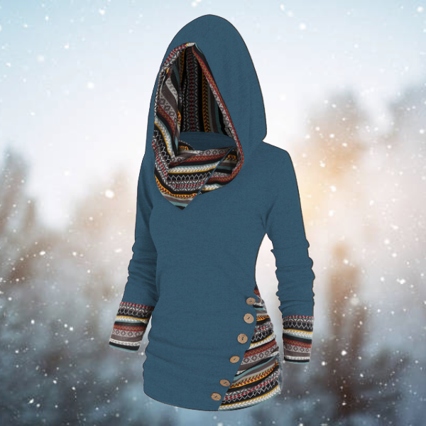 Blue tribal-print hoodie with patterned cuffs and button-trim pocket