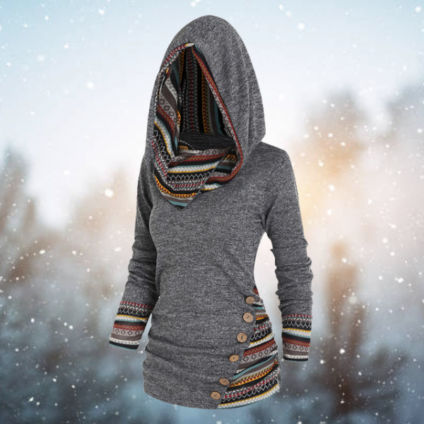 Dark gray tribal-print hoodie with patterned cuffs and button-trim pocket