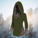 Olive green tribal-print hoodie with patterned cuffs and button-trim pocket