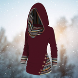 Burgundy tribal-print hoodie with patterned cuffs and button-trim pocket