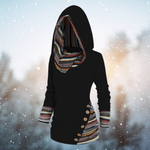 Black tribal-print hoodie with patterned cuffs and button-trim pocket