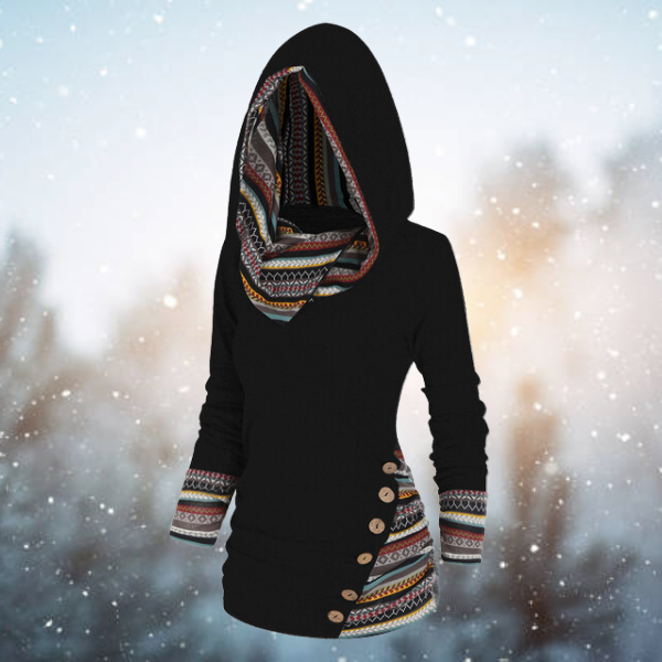 Black tribal-print hoodie with patterned cuffs and button-trim pocket