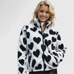 Heart-print fleece zip-up jacket with stand collar, black and white