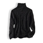 Black cable-knit pullover with high neck and long sleeves