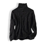 Black cable-knit pullover with high neck and long sleeves