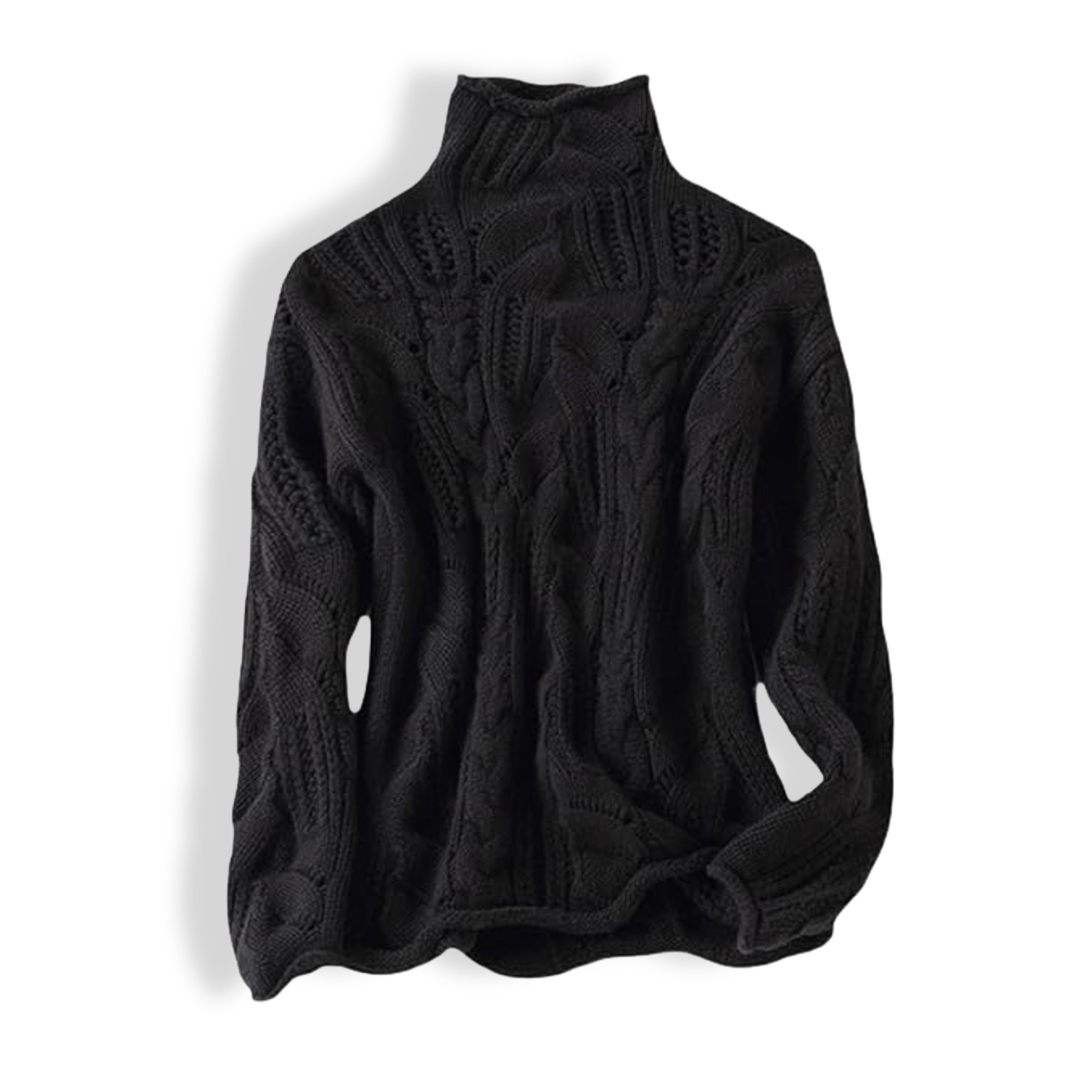 Black cable-knit pullover with high neck and long sleeves