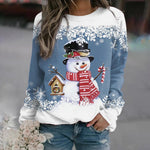 Blue Christmas sweater with crew neck, white border, snowman graphic holding candy cane