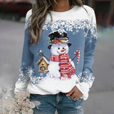 Blue Christmas sweater with crew neck, white border, snowman graphic holding candy cane