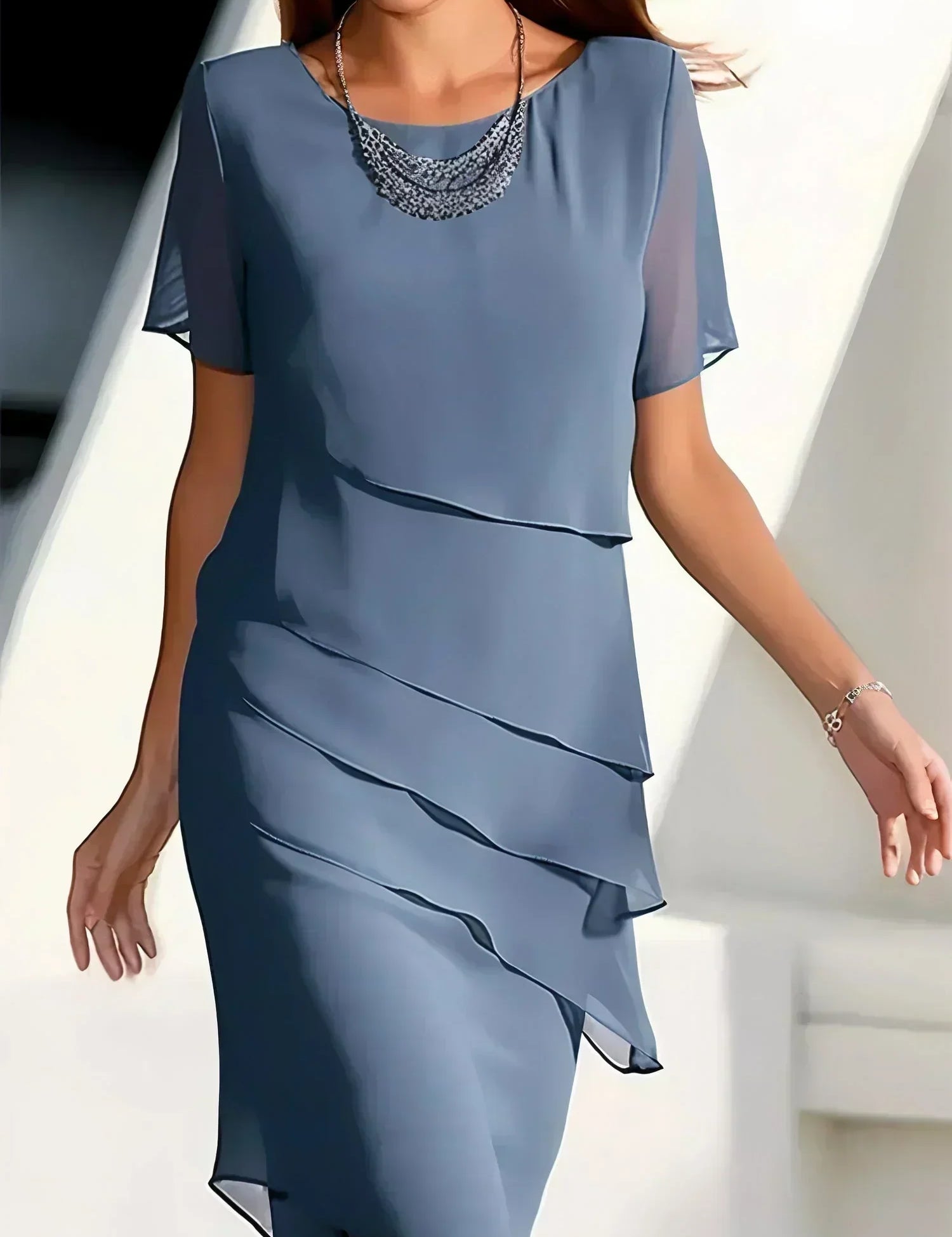Women's blue short-sleeve layered sheath dress with draped ruffle front