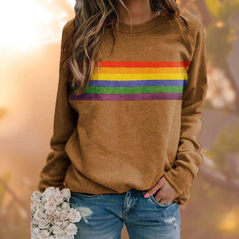 Brown women's crewneck long-sleeve sweater with rainbow horizontal chest stripe