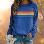 Blue women's crewneck long-sleeve sweater with rainbow horizontal chest stripe