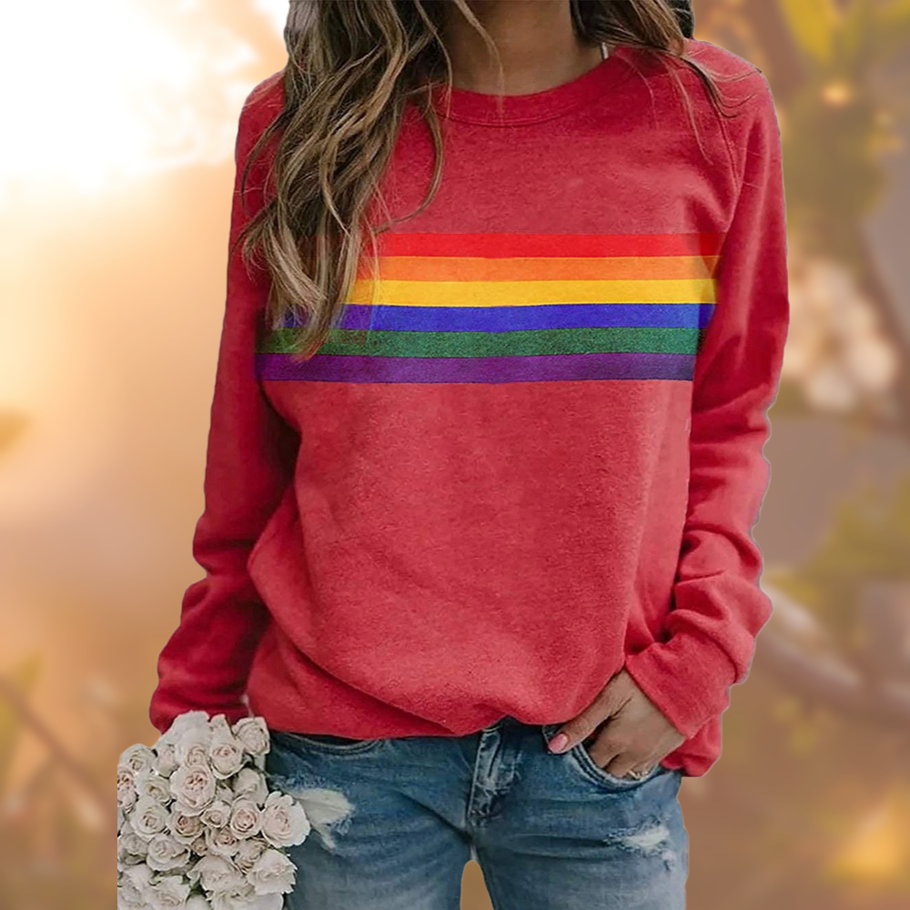 Red women's crewneck long-sleeve sweater with rainbow horizontal chest stripe