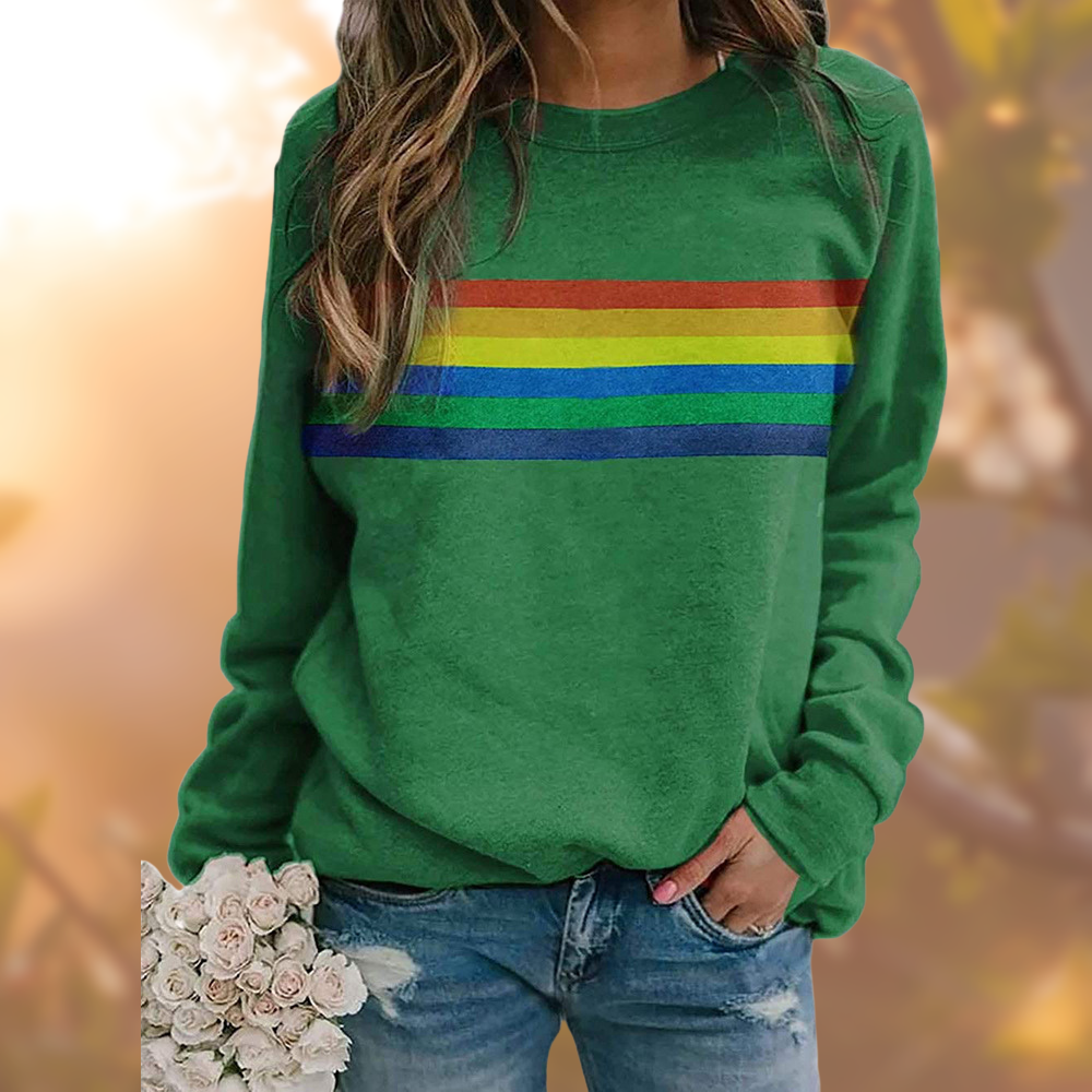Green women's crewneck long-sleeve sweater with rainbow horizontal chest stripe