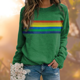 Green women's crewneck long-sleeve sweater with rainbow horizontal chest stripe