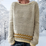 Beige striped knit pullover sweater with crew neck, ribbed cuffs and hem
