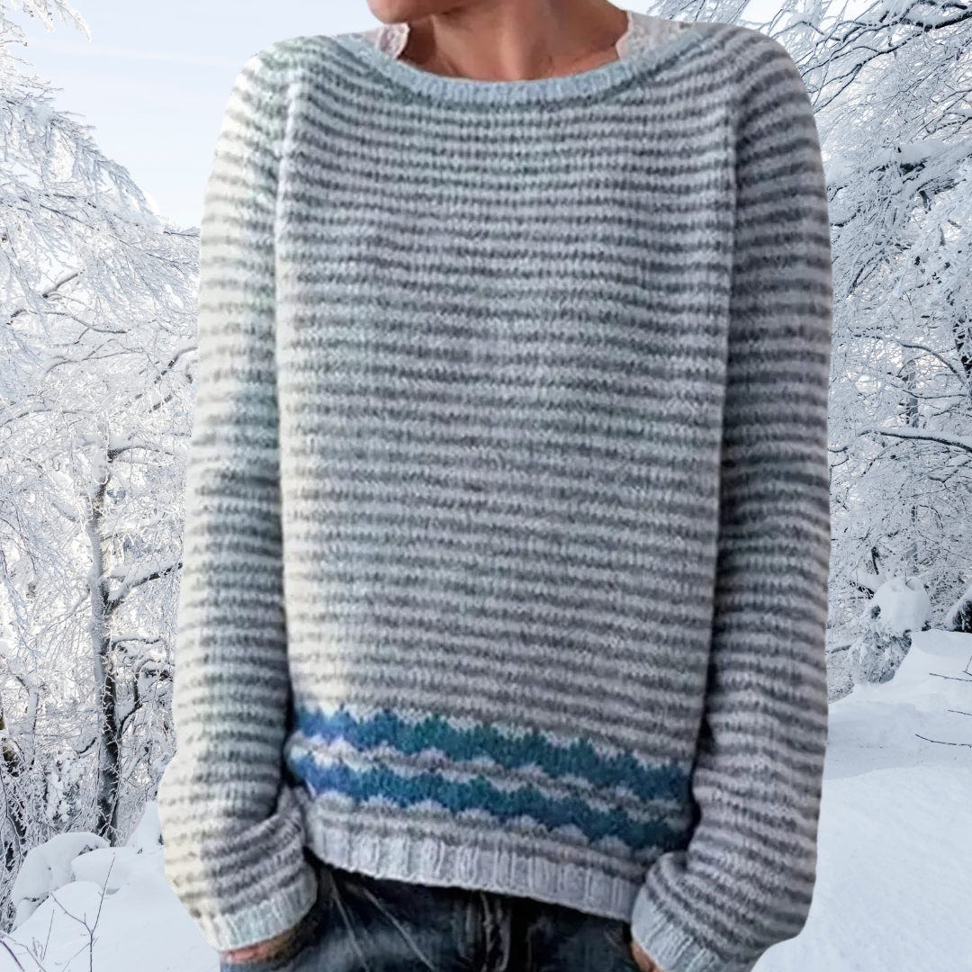 Hanna striped knit pullover, crew neck, long sleeves, light blue with blue hem stripe