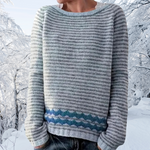 Hanna striped knit pullover, crew neck, long sleeves, light blue with blue hem stripe