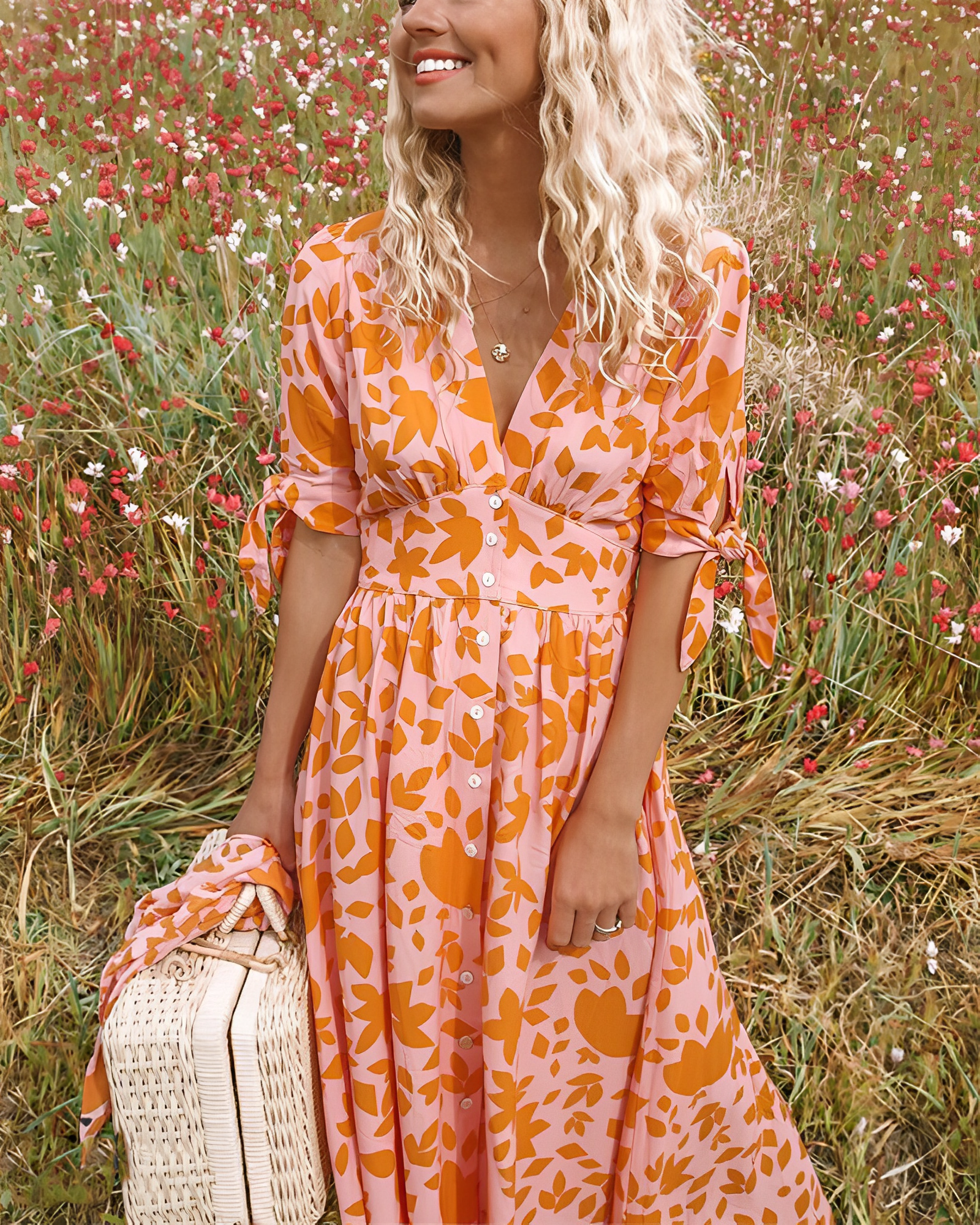 Orange patterned midi dress with V-neck buttons and gathered waist skirt