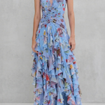Blue floral halter maxi dress with ruched waist and layered ruffle skirt