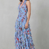 Blue floral halter maxi dress with side tiered ruffles and cinched waist