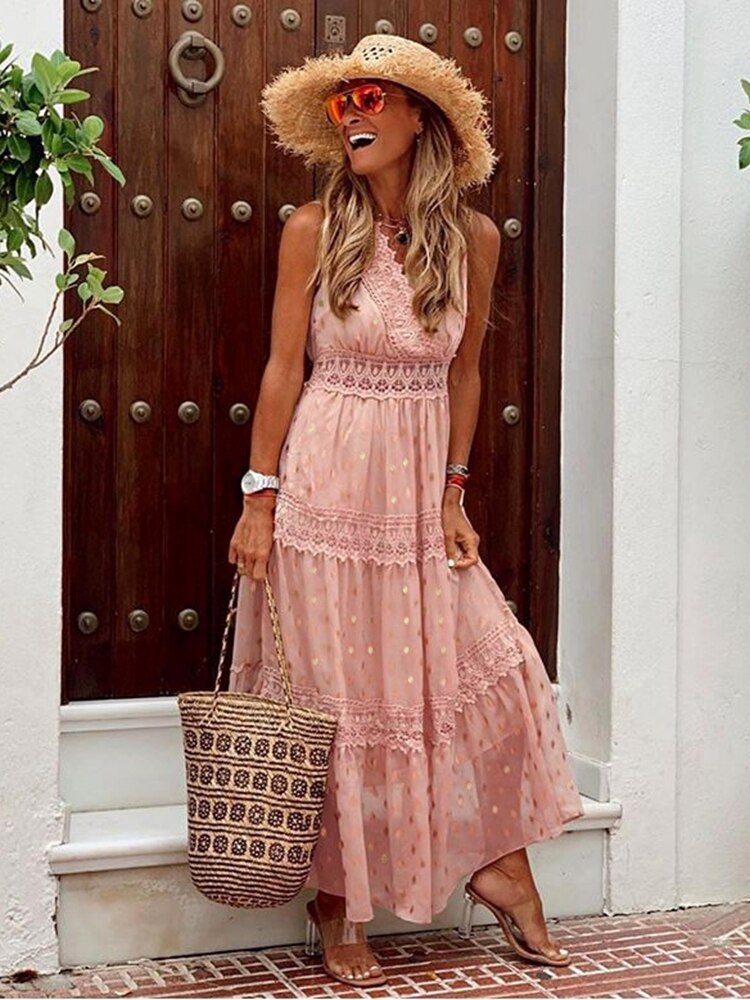 Pink boho maxi dress, sleeveless tiered skirt with lace trim and V-neck