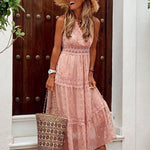 Pink boho maxi dress, sleeveless tiered skirt with lace trim and V-neck