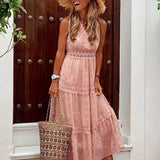 Pink boho maxi dress, sleeveless tiered skirt with lace trim and V-neck